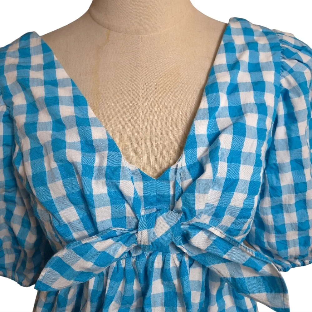 Lilly Pulitzer Blue And White Cottage PREPPY Gingham Peplum Bow Top NWT